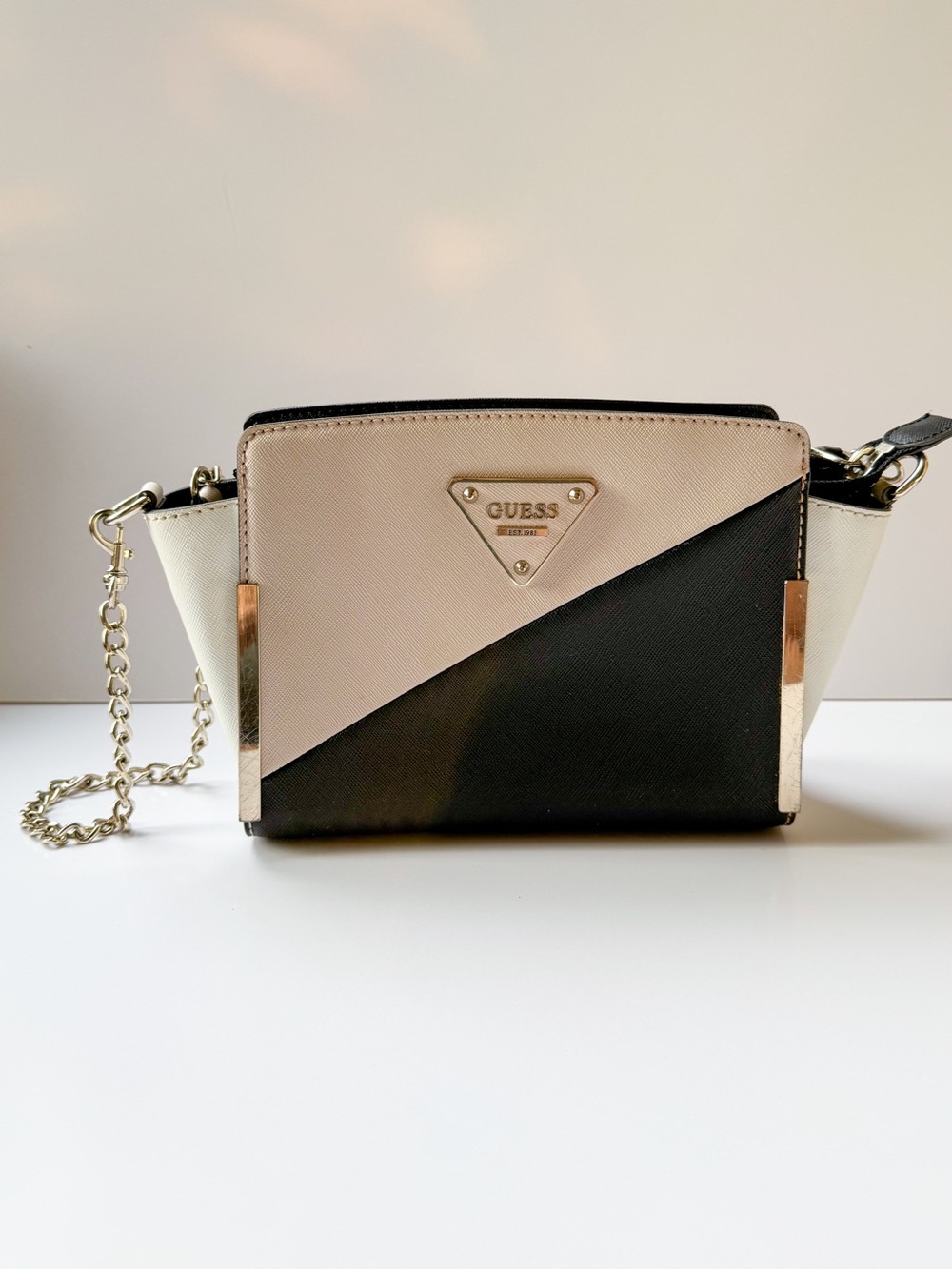 GUESS Black & Cream Colorblock Saffiano Crossbody with Chain Strap
